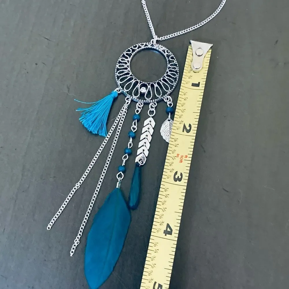 Silver Turquoise Blue Boho Feather Long Silver Necklace